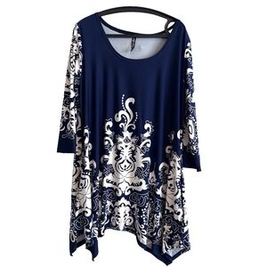White Mark Festival Scoop Neck 3/4 Sleeve Tunic Top Size 2XL Blue White Pockets